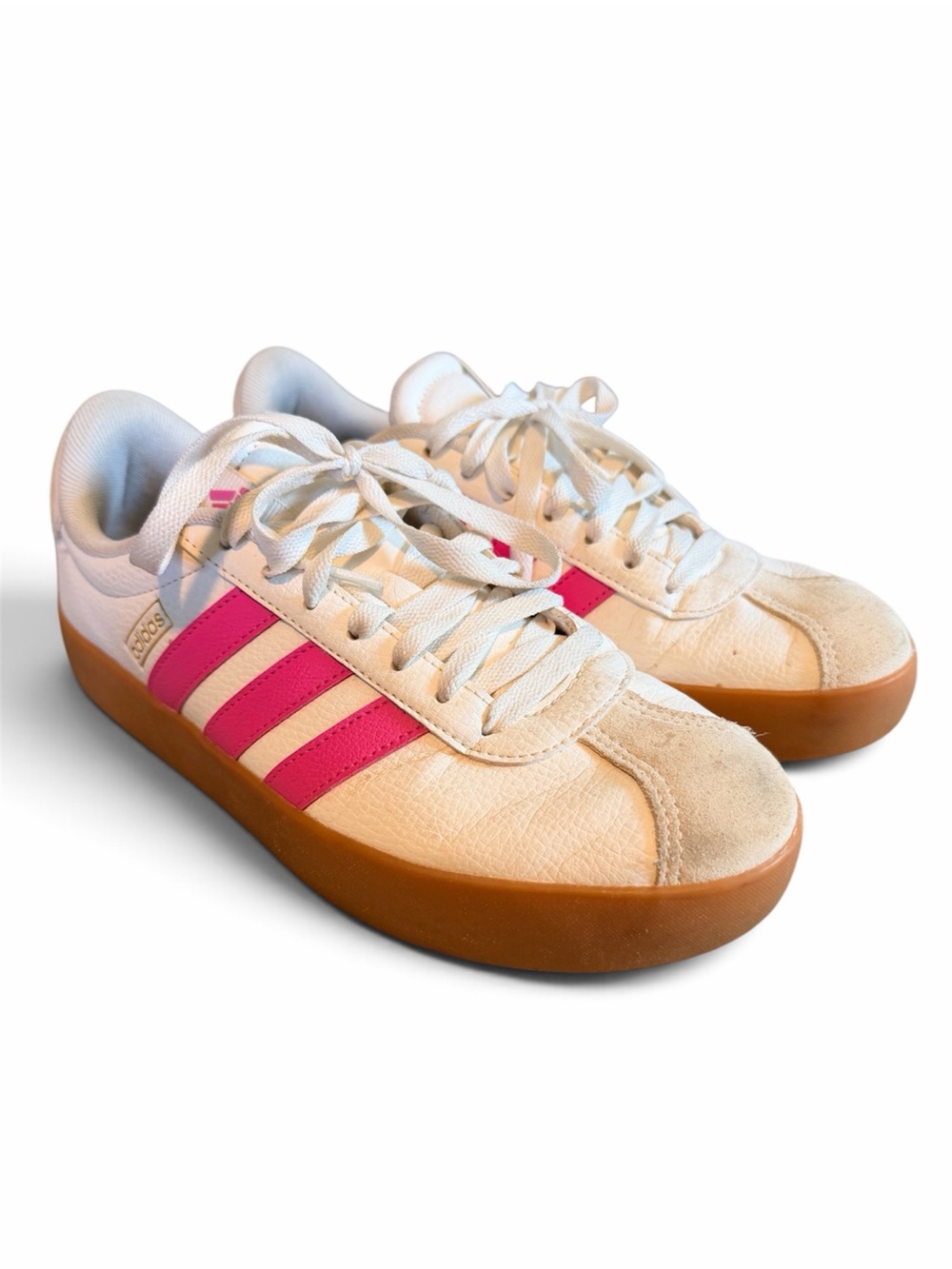 adidas Women's White Sneakers with Pink Stripes and Gum Sole
